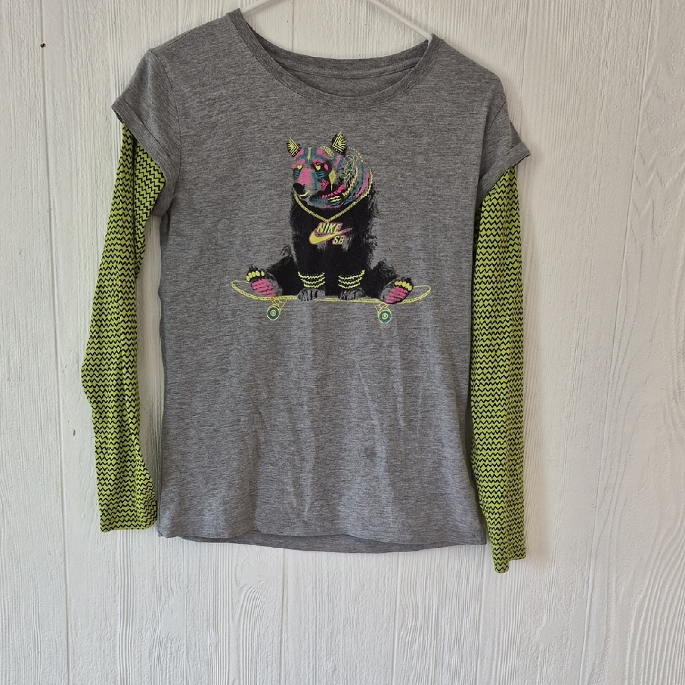 Nike Gray Shirt with Neon Green Sleeves and Cat Design